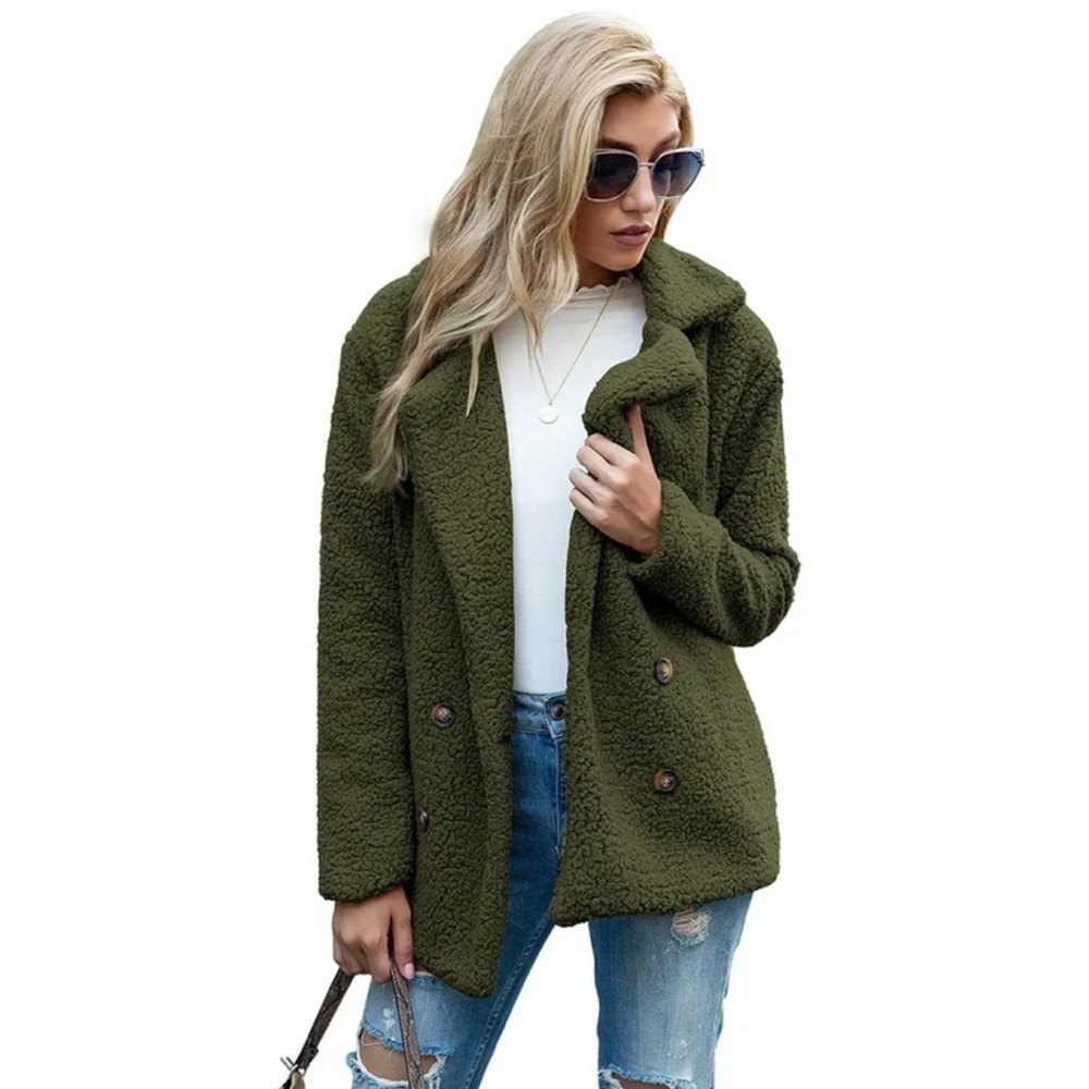 NWT Fashion Nova Double Breasted Olive Teddy Jacket